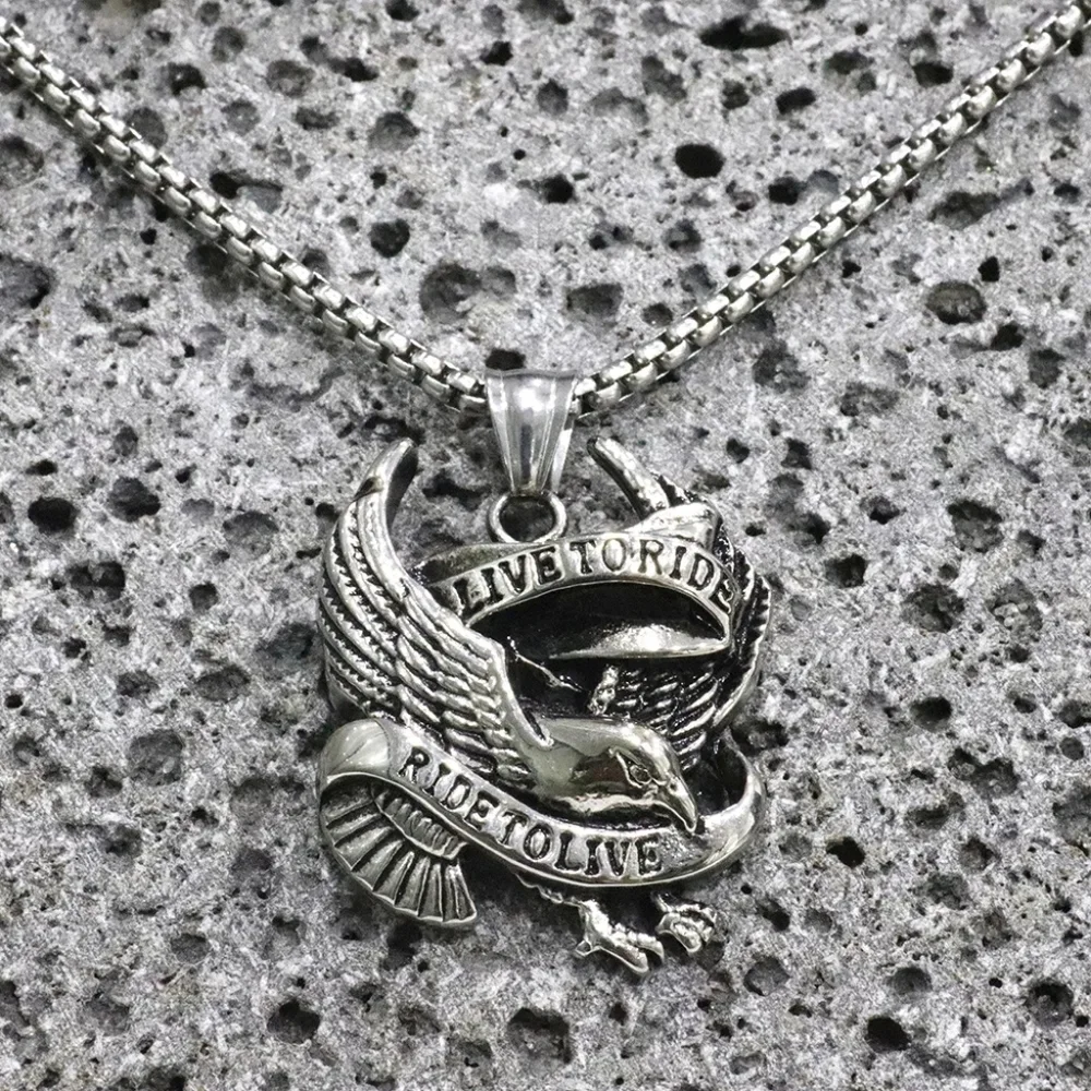 Bikers Mens Punk Rock Live to Ride Eagle Pendant Necklace Stainless Steel Chain